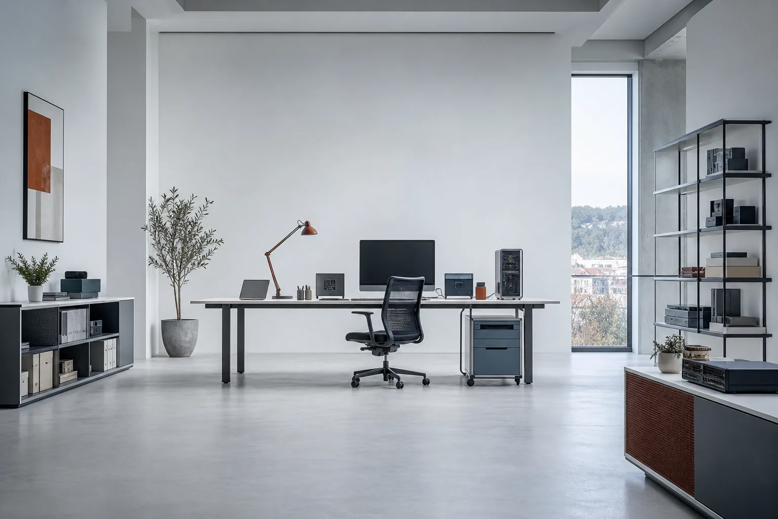 Espacio contemporáneo de trabajo con equipos informáticos y luz natural